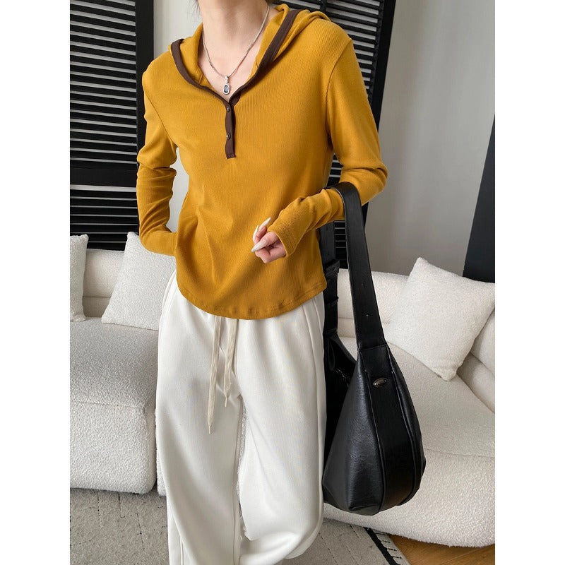 Casual Color-blocked Hooded Button-down Half-placket Knit Top T-shirt