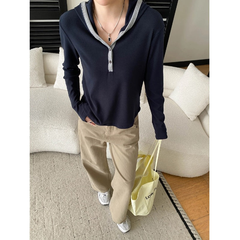 Casual Color-blocked Hooded Button-down Half-placket Knit Top T-shirt