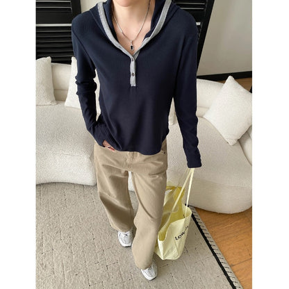 Casual Color-blocked Hooded Button-down Half-placket Knit Top T-shirt