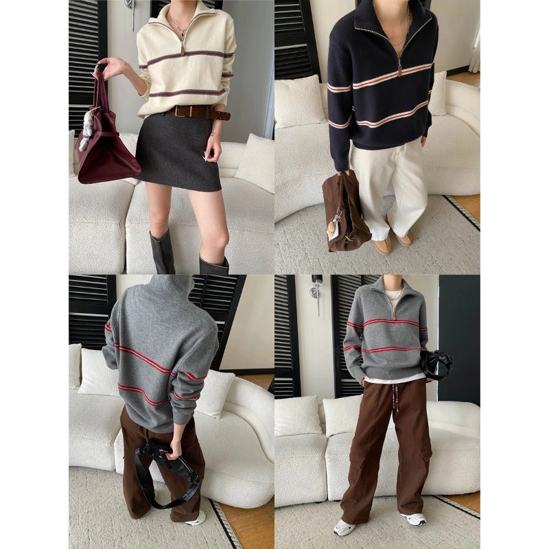 Smart Casual Color-Blocking Stripe Half-Zip Polo Neck Knit Sweater
