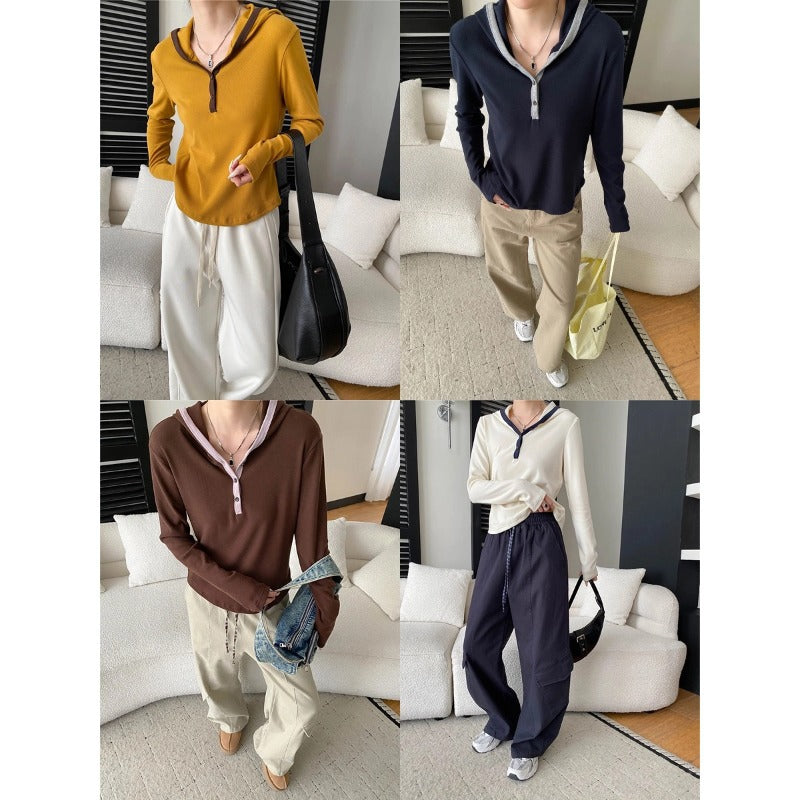 Casual Color-blocked Hooded Button-down Half-placket Knit Top T-shirt