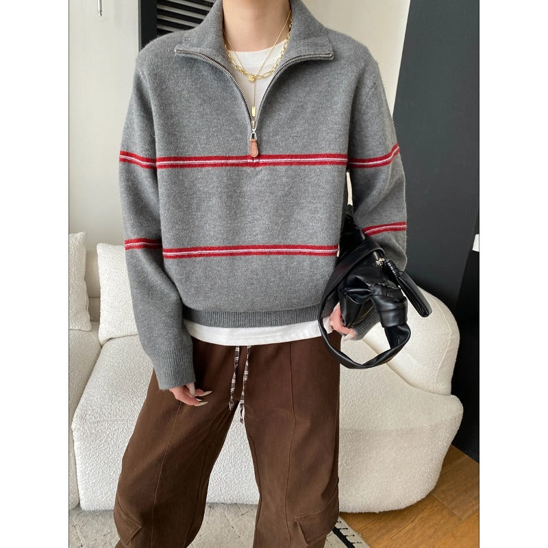 Smart Casual Color-Blocking Stripe Half-Zip Polo Neck Knit Sweater