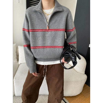 Smart Casual Color-Blocking Stripe Half-Zip Polo Neck Knit Sweater