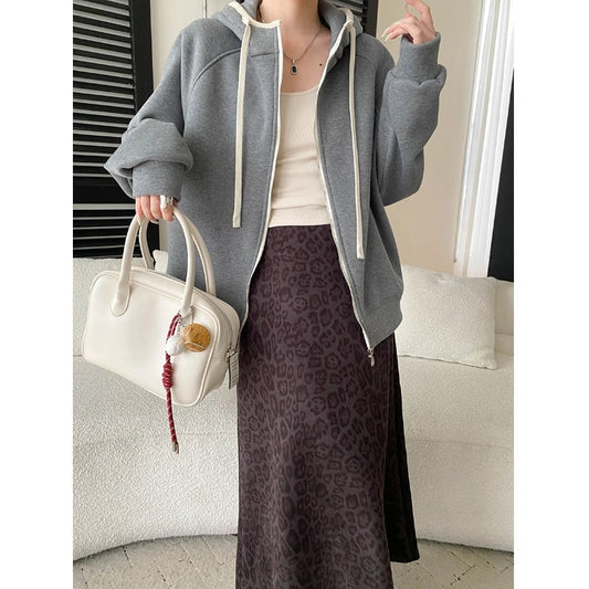 Casual Color-block Drawstring Hooded Loose Fleece Hoodie Jacket