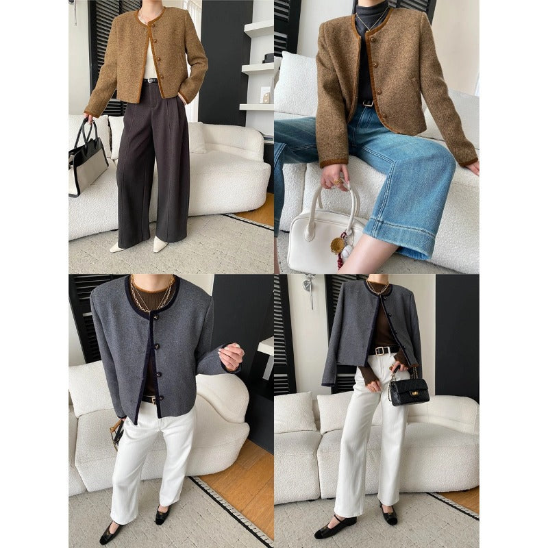 Southern Compass French Contrast Trim High-end Vintage Chic Tweed Coat Short Style