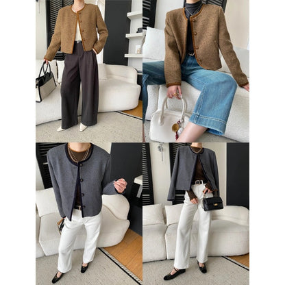 Southern Compass French Contrast Trim High-end Vintage Chic Tweed Coat Short Style