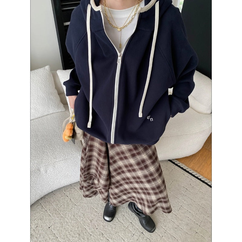 Casual Color-block Drawstring Hooded Loose Fleece Hoodie Jacket