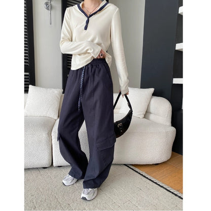 Casual Color-blocked Hooded Button-down Half-placket Knit Top T-shirt
