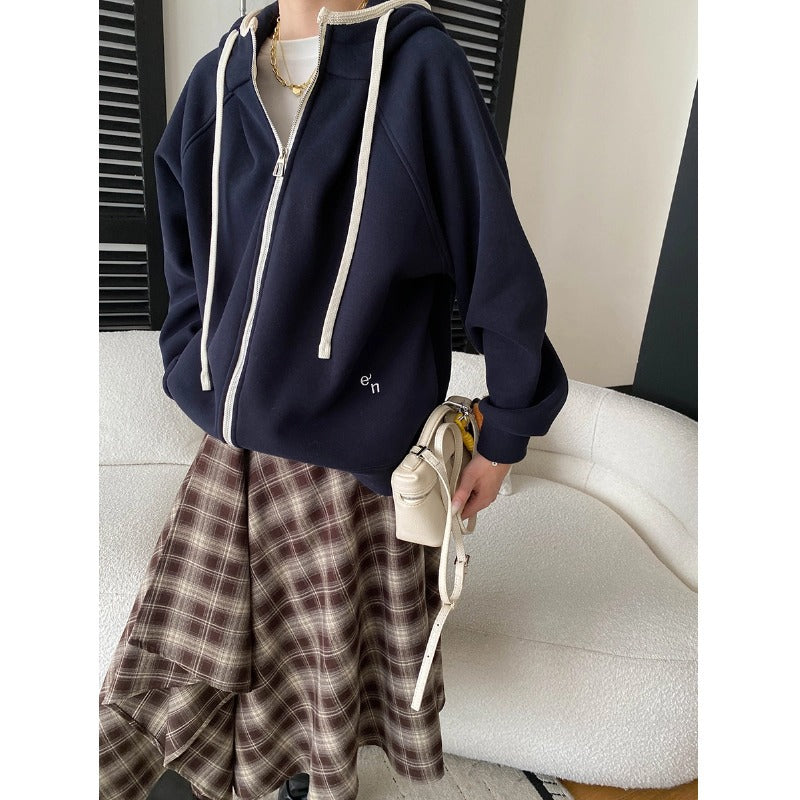 Casual Color-block Drawstring Hooded Loose Fleece Hoodie Jacket
