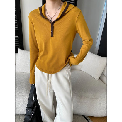 Casual Color-blocked Hooded Button-down Half-placket Knit Top T-shirt
