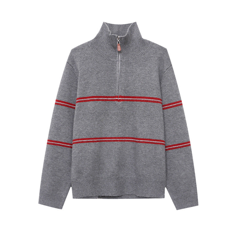 Smart Casual Color-Blocking Stripe Half-Zip Polo Neck Knit Sweater