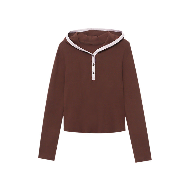 Casual Color-blocked Hooded Button-down Half-placket Knit Top T-shirt