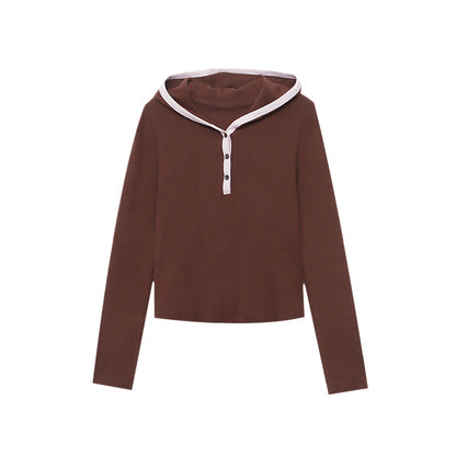 Casual Color-blocked Hooded Button-down Half-placket Knit Top T-shirt