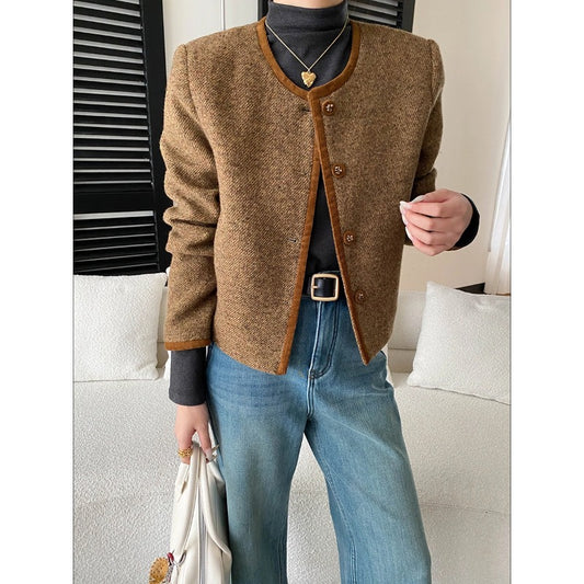 Southern Compass French Contrast Trim High-end Vintage Chic Tweed Coat Short Style