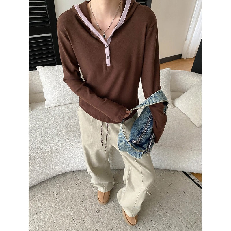 Casual Color-blocked Hooded Button-down Half-placket Knit Top T-shirt