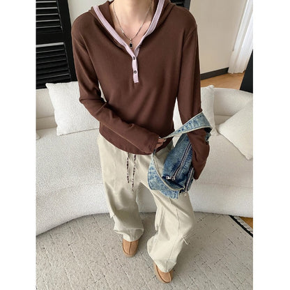 Casual Color-blocked Hooded Button-down Half-placket Knit Top T-shirt